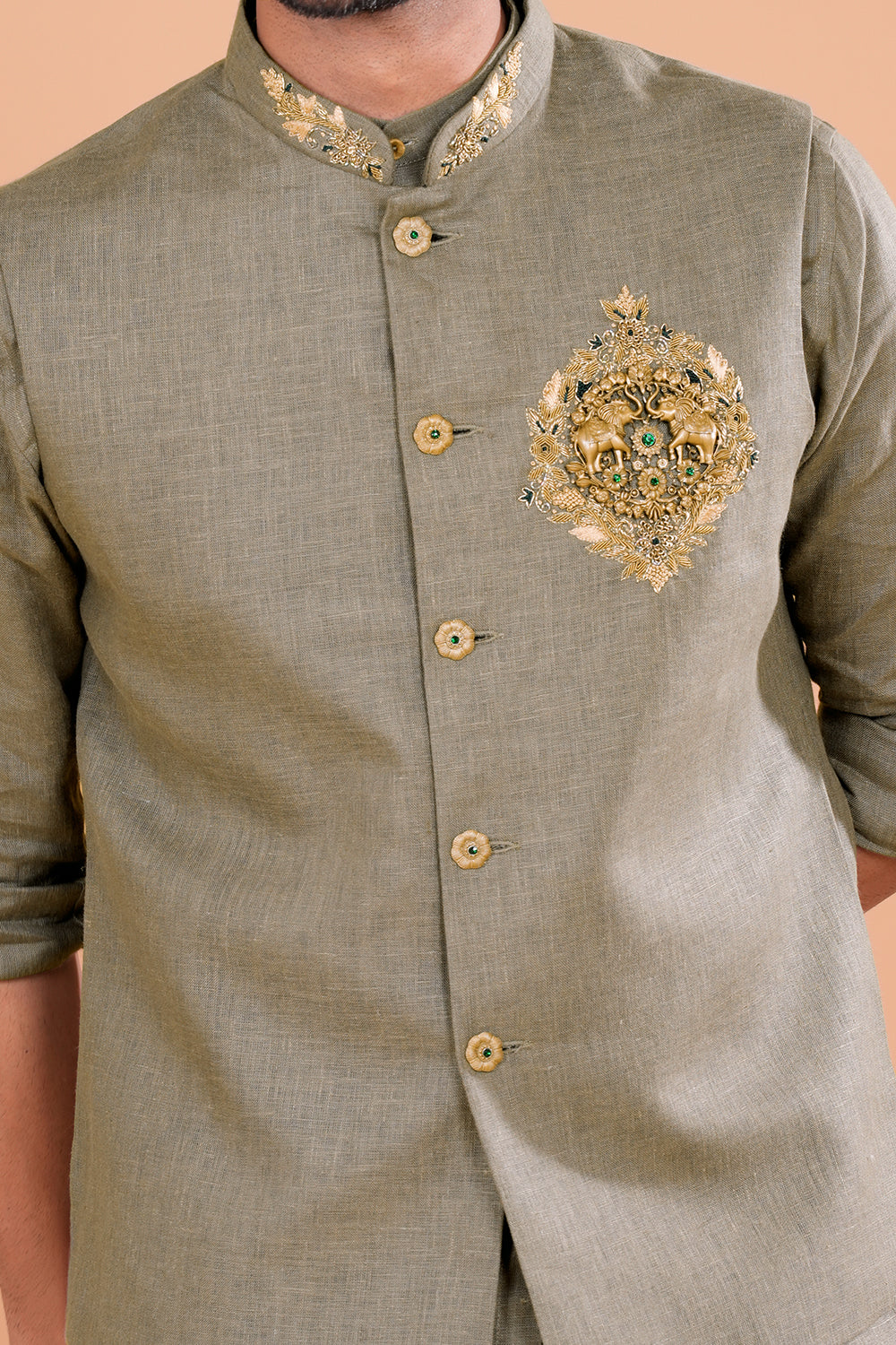 Olive Regal Crest Linen Men's Bundi Set