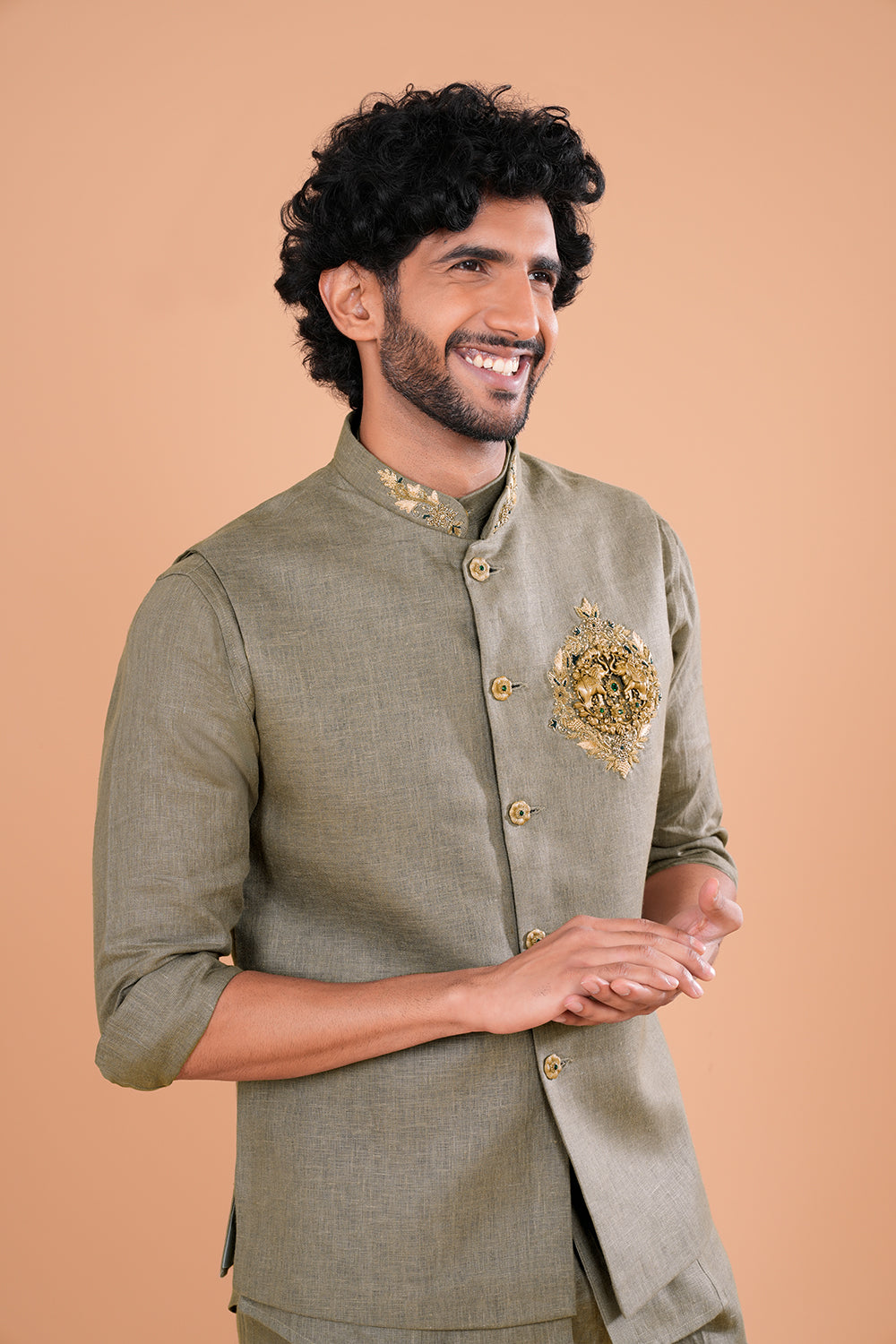 Olive Regal Crest Linen Men's Bundi Set