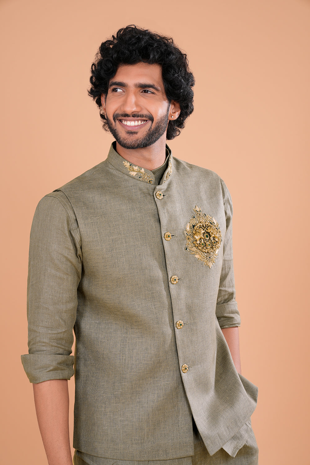 Olive Regal Crest Linen Men's Bundi Set