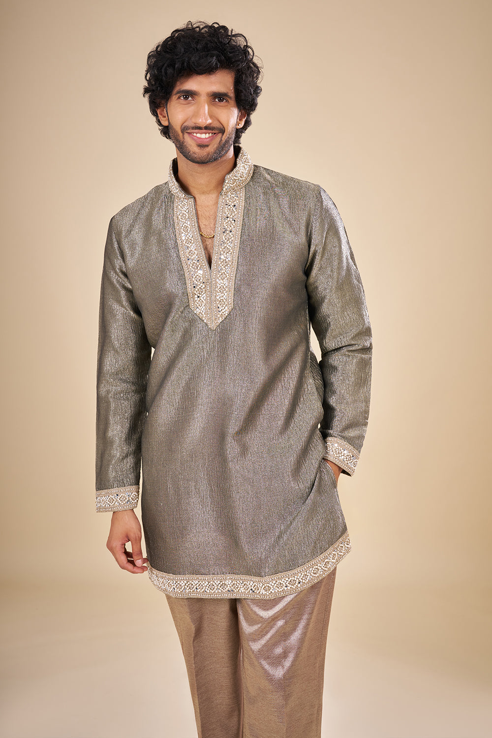 Olive Silk Kurta Set with Sequin Work