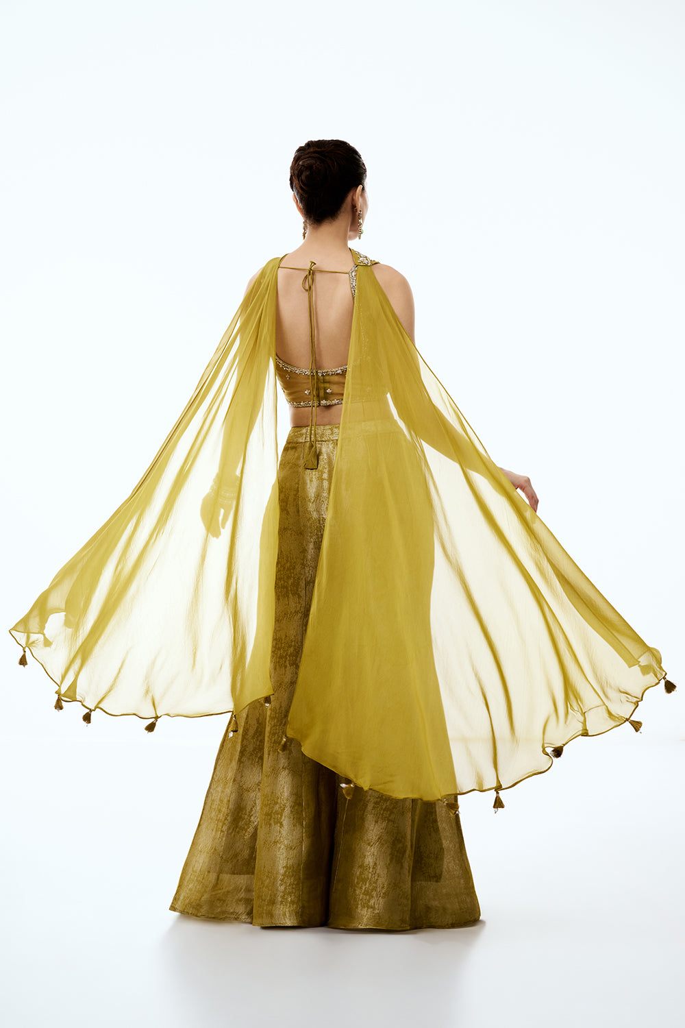 Olive Yellow Tissue Indo Western Set with Sequins and Cutdana Work