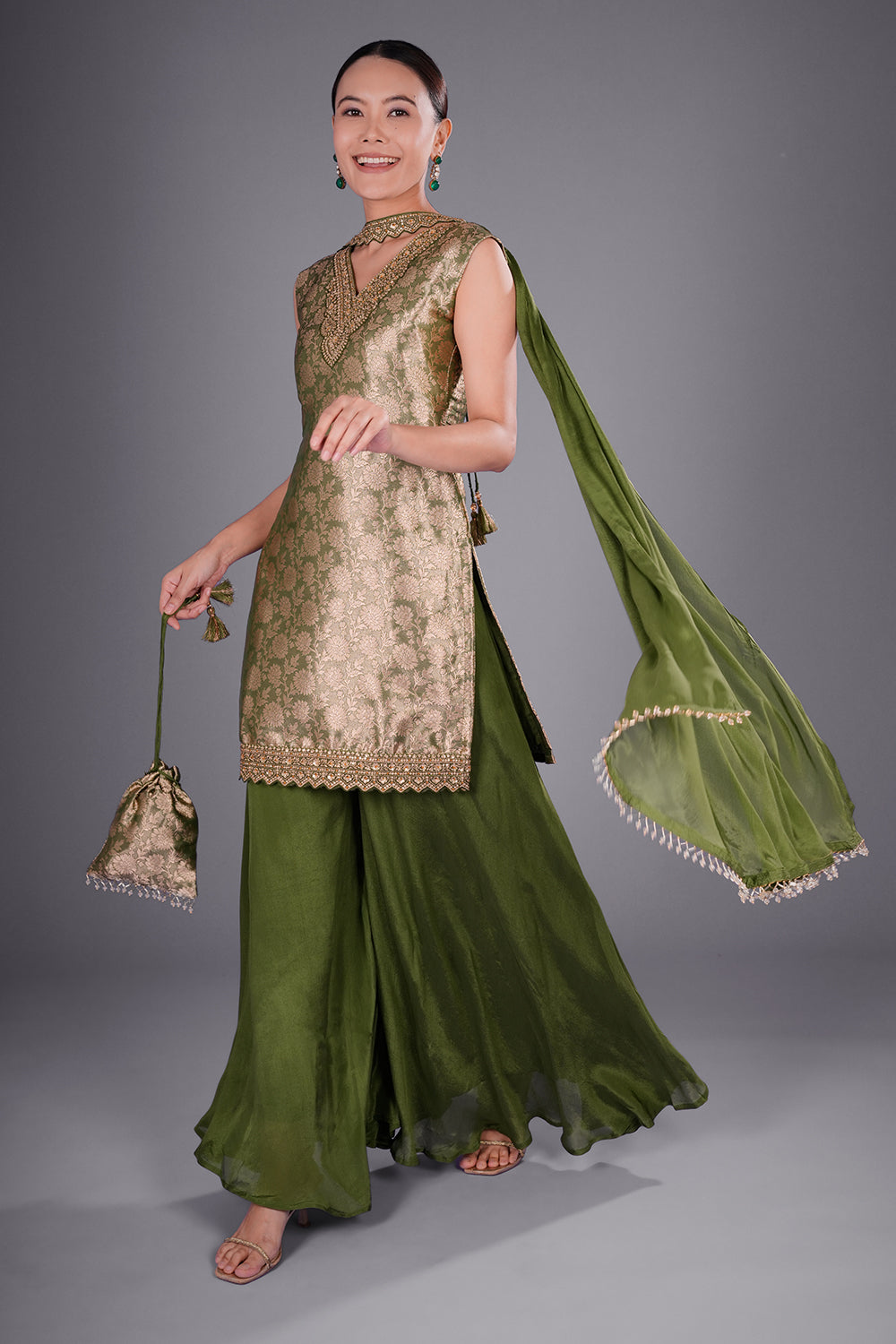 Olive Zari Brocade Short Kurta Palazzo Set with Zari Embroidery