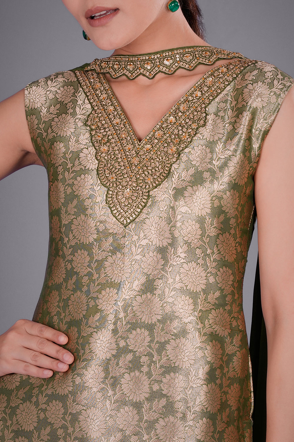 Olive Zari Brocade Short Kurta Palazzo Set with Zari Embroidery