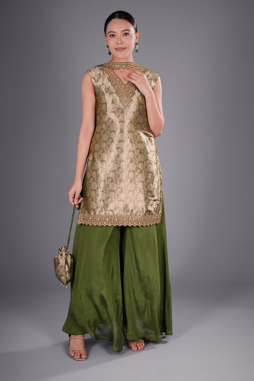 Olive Zari Brocade Short Kurta Palazzo Set with Zari Embroidery