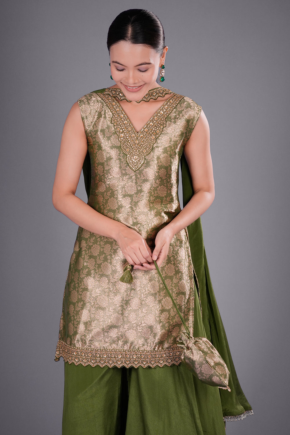 Olive Zari Brocade Short Kurta Palazzo Set with Zari Embroidery