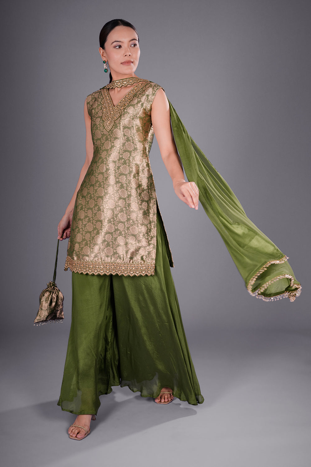 Olive Zari Brocade Short Kurta Palazzo Set with Zari Embroidery