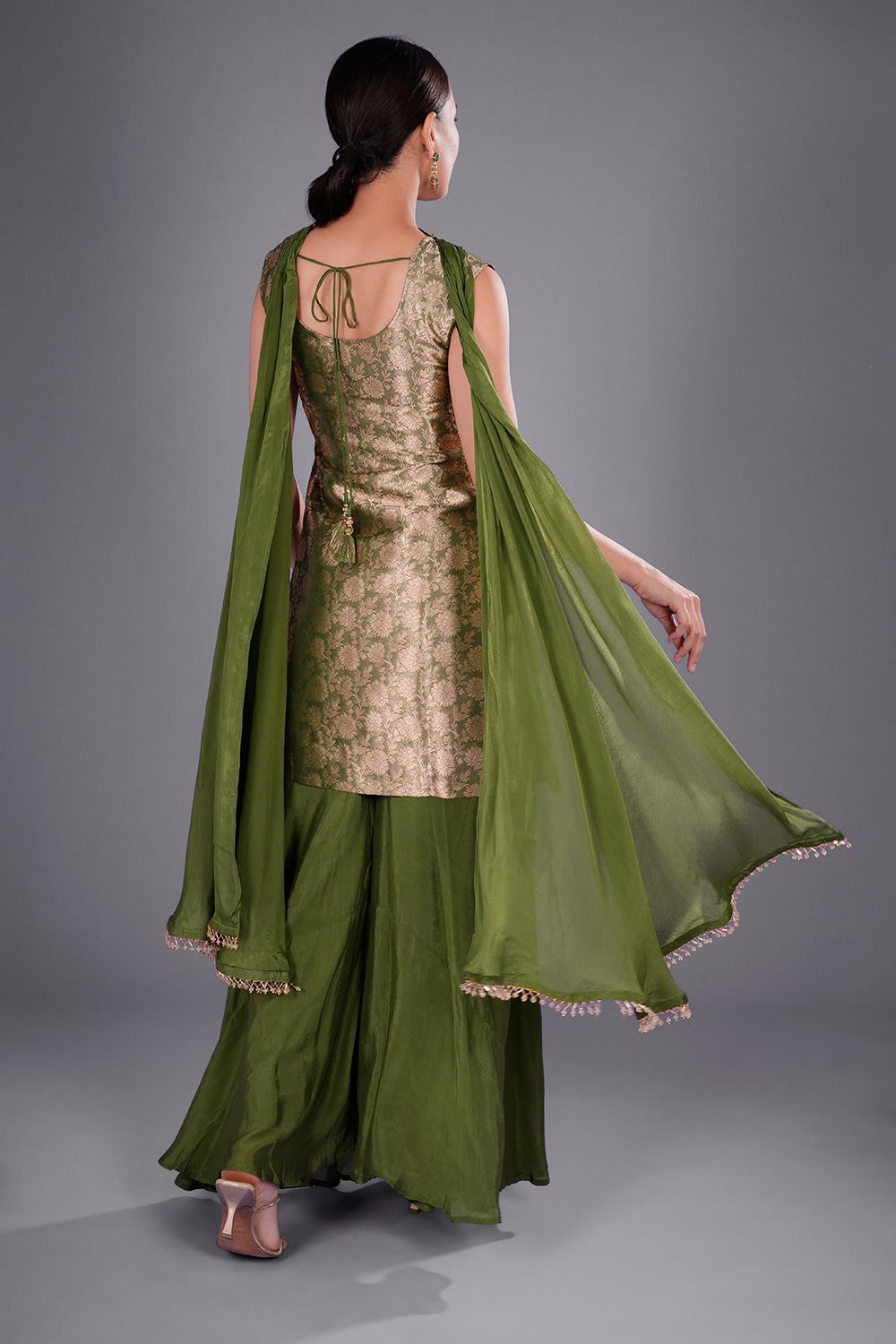 Olive Zari Brocade Short Kurta Palazzo Set with Zari Embroidery