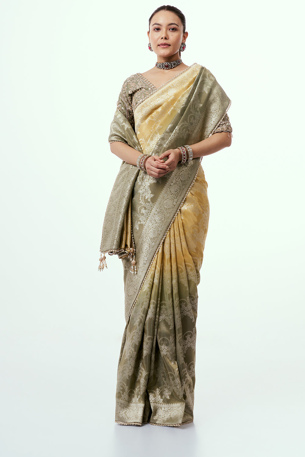 Ombre Banarasi Tissue Silk Ready-to-Wear Saree and Stitched Blouse