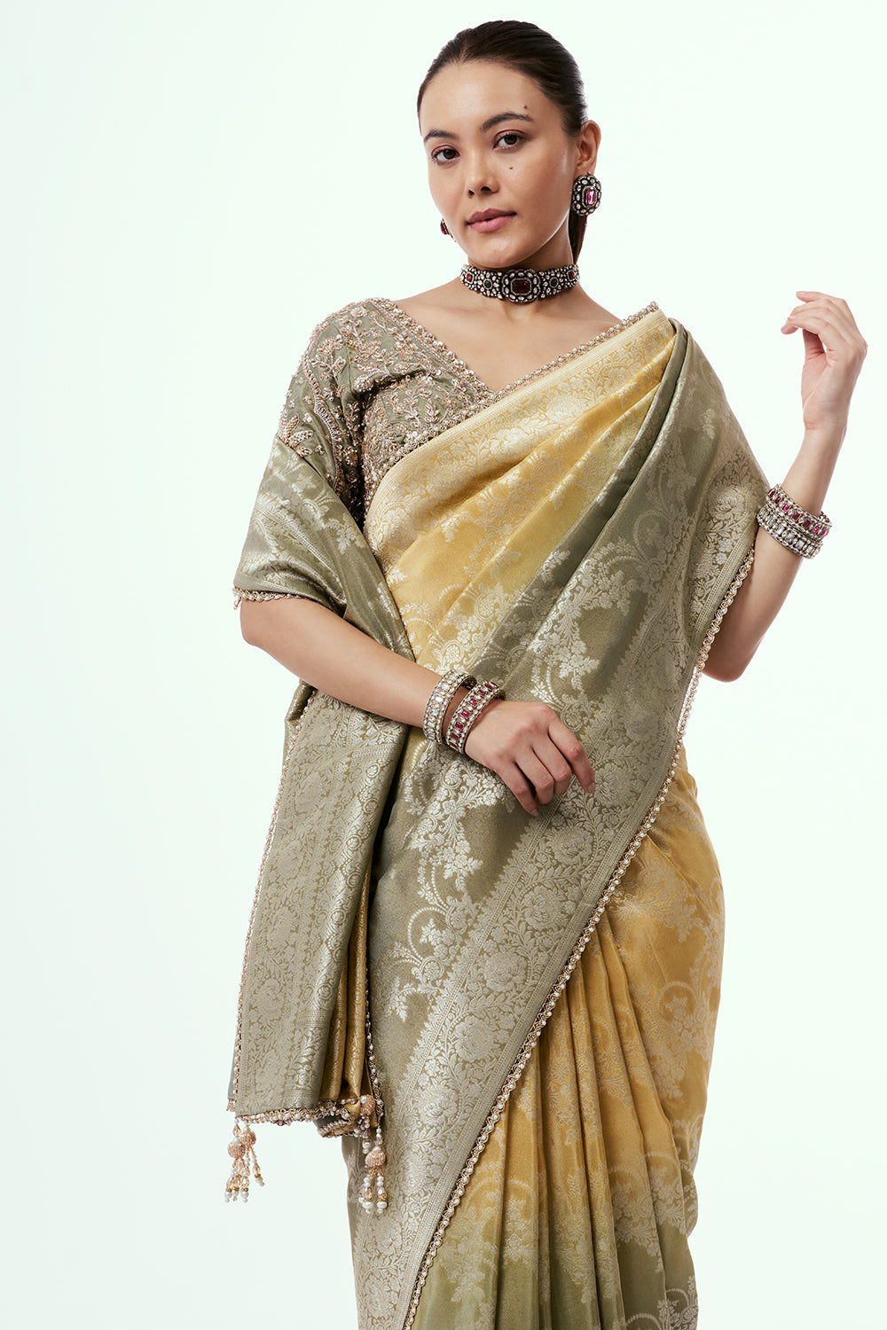Ombre Banarasi Tissue Silk Ready-to-Wear Saree and Stitched Blouse