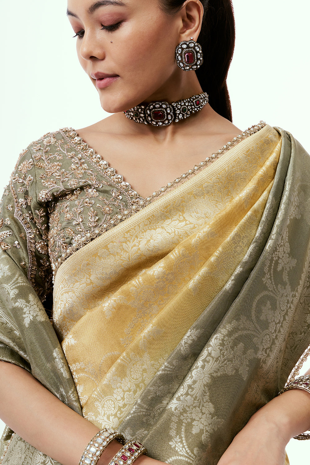 Ombre Banarasi Tissue Silk Ready-to-Wear Saree and Stitched Blouse