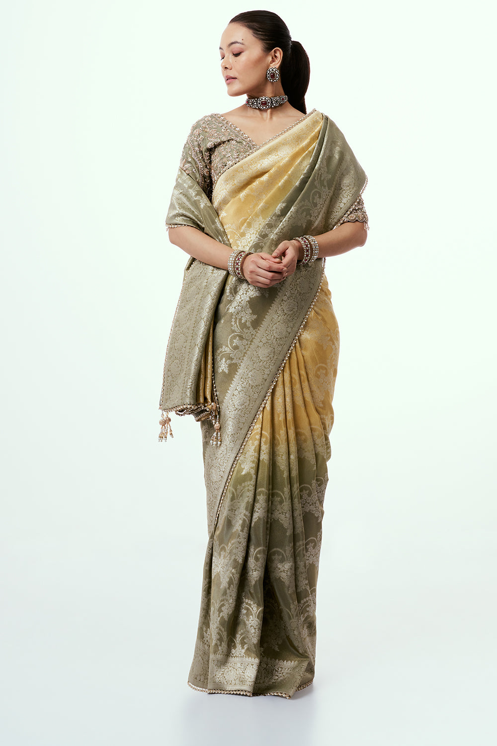 Ombre Banarasi Tissue Silk Ready-to-Wear Saree and Stitched Blouse