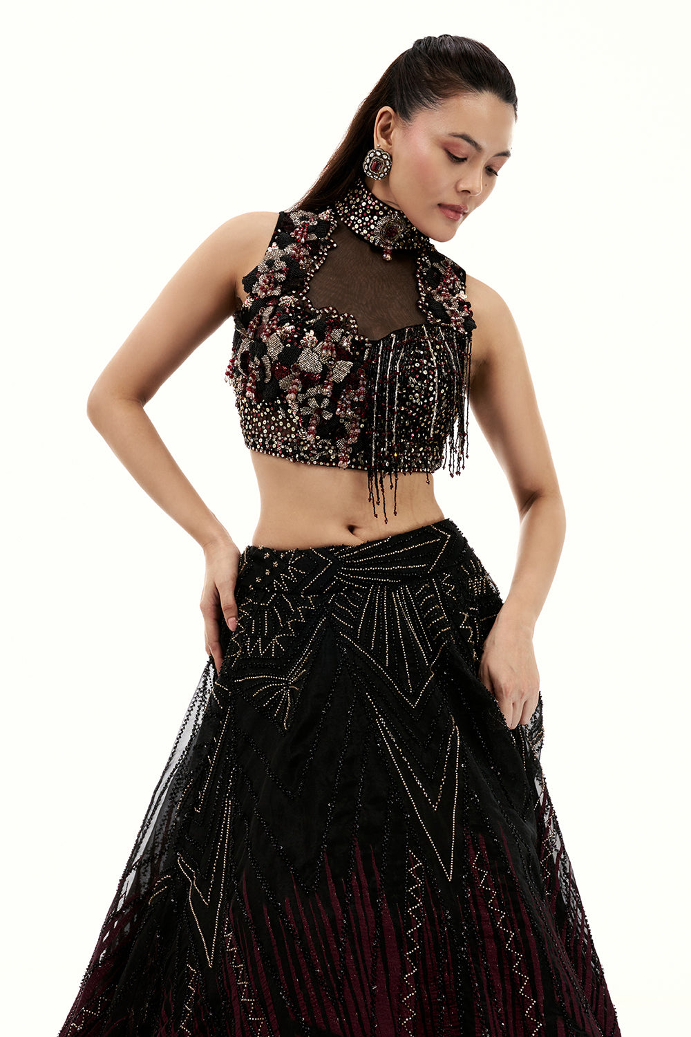 Ombre Black Organza Lehenga with Applique and 3D Floral Work