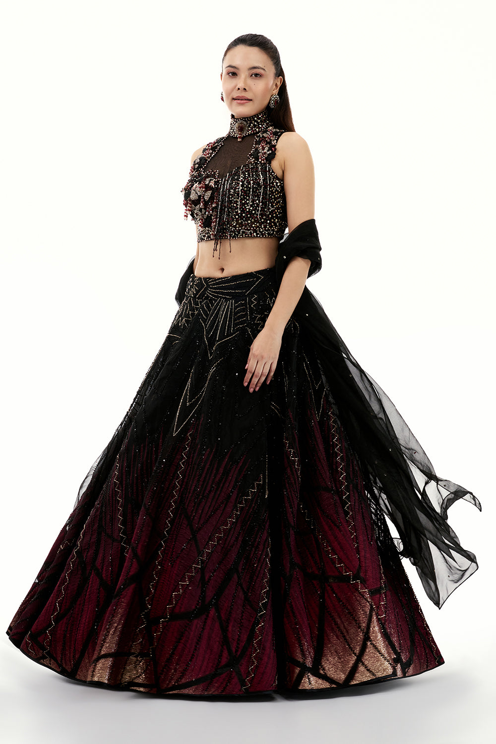 Ombre Black Organza Lehenga with Applique and 3D Floral Work