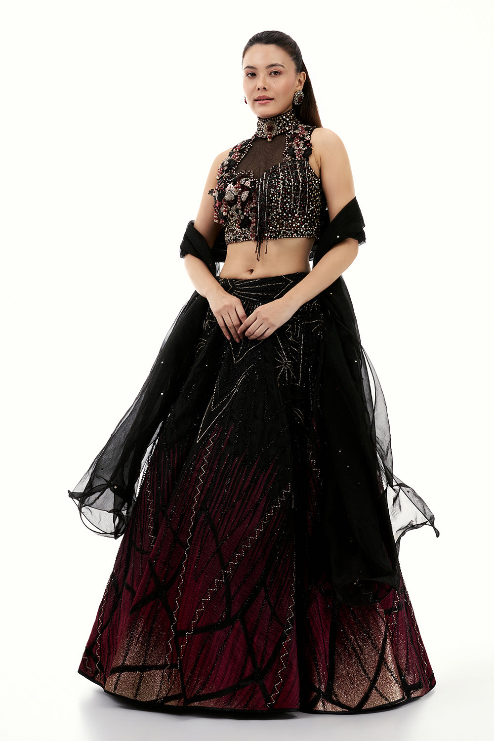 Ombre Black Organza Lehenga with Applique and 3D Floral Work