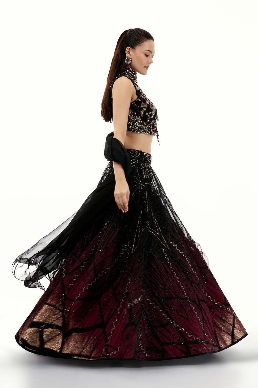 Ombre Black Organza Lehenga with Applique and 3D Floral Work