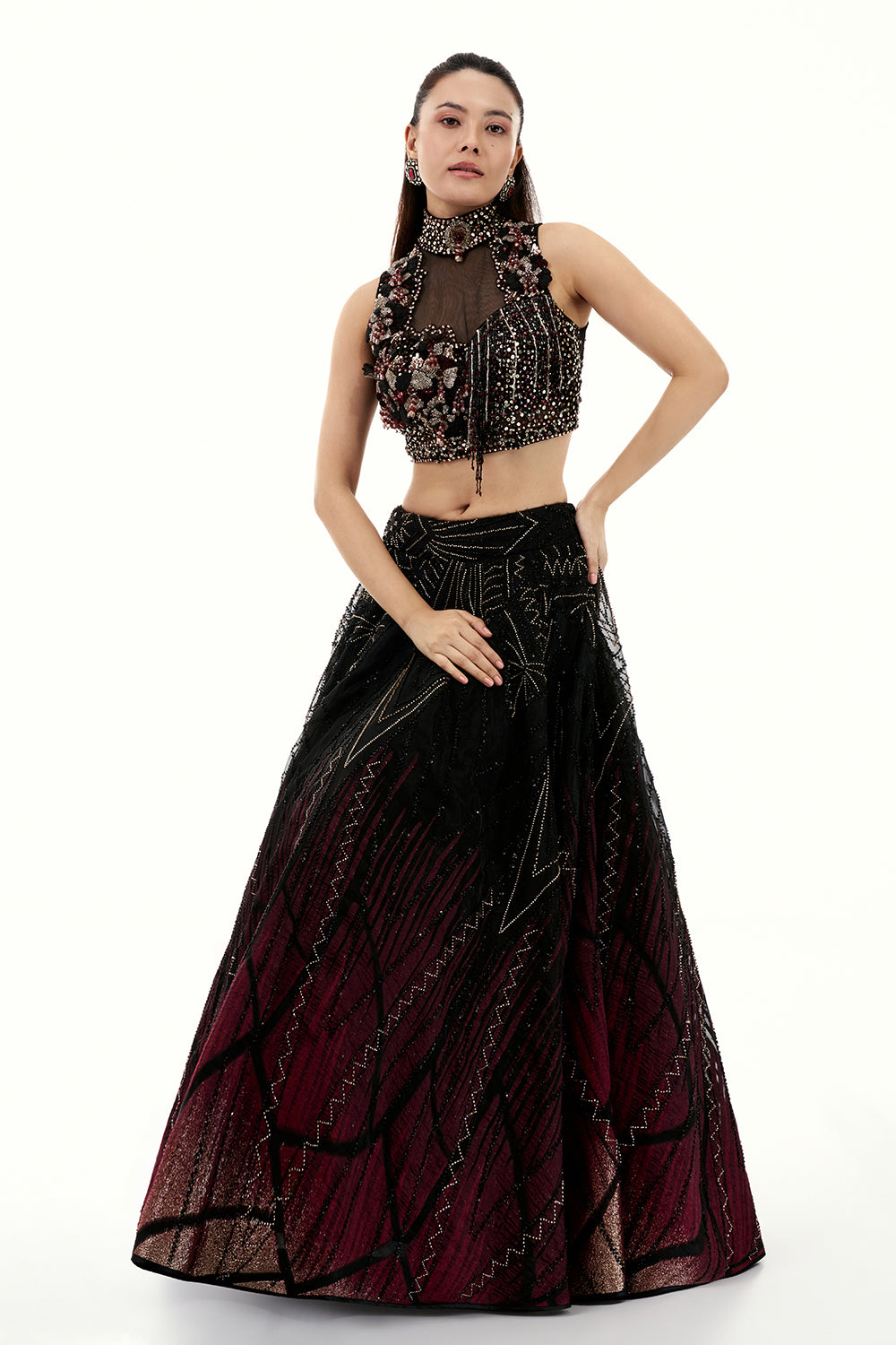 Ombre Black Organza Lehenga with Applique and 3D Floral Work