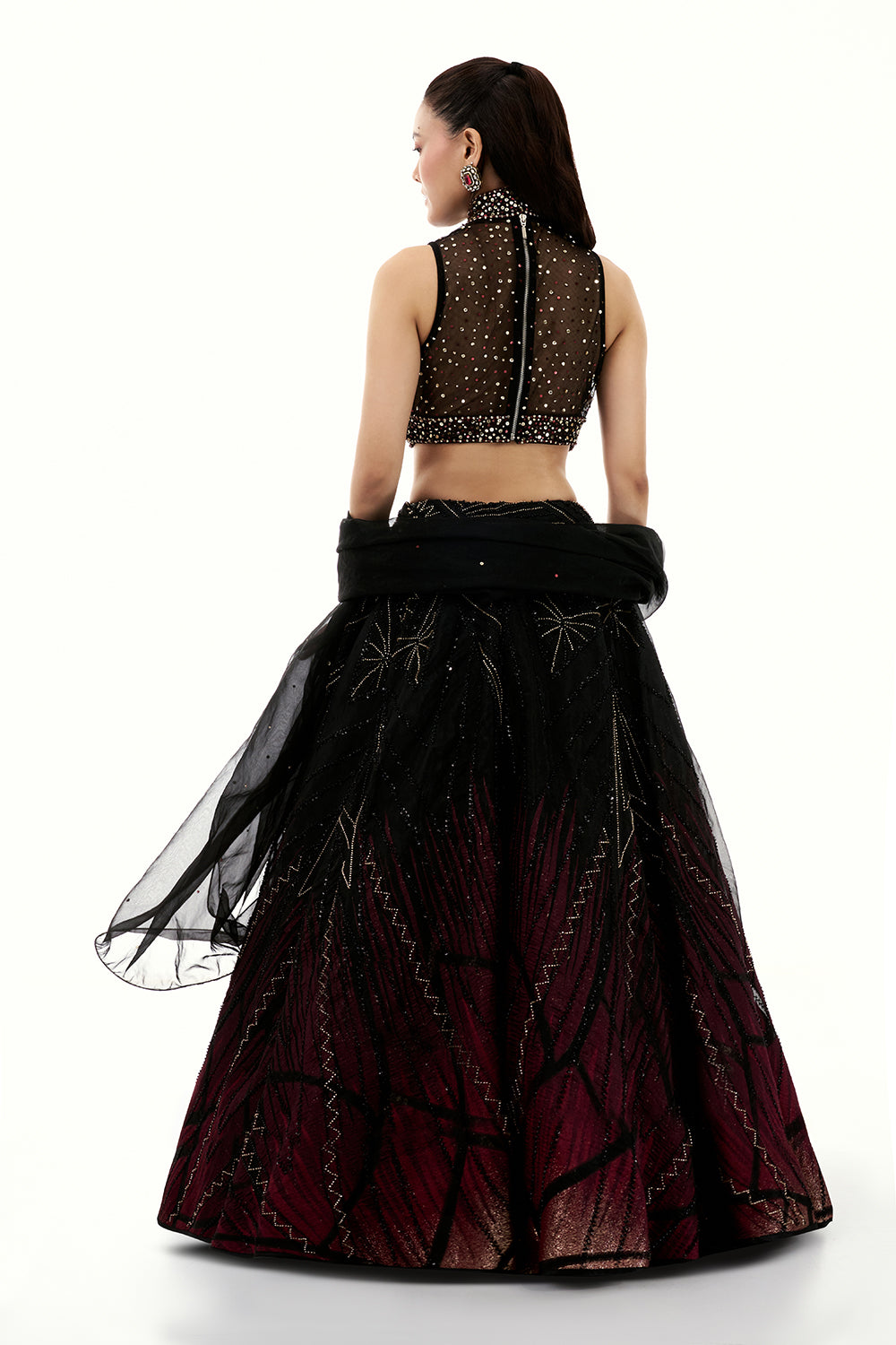Ombre Black Organza Lehenga with Applique and 3D Floral Work