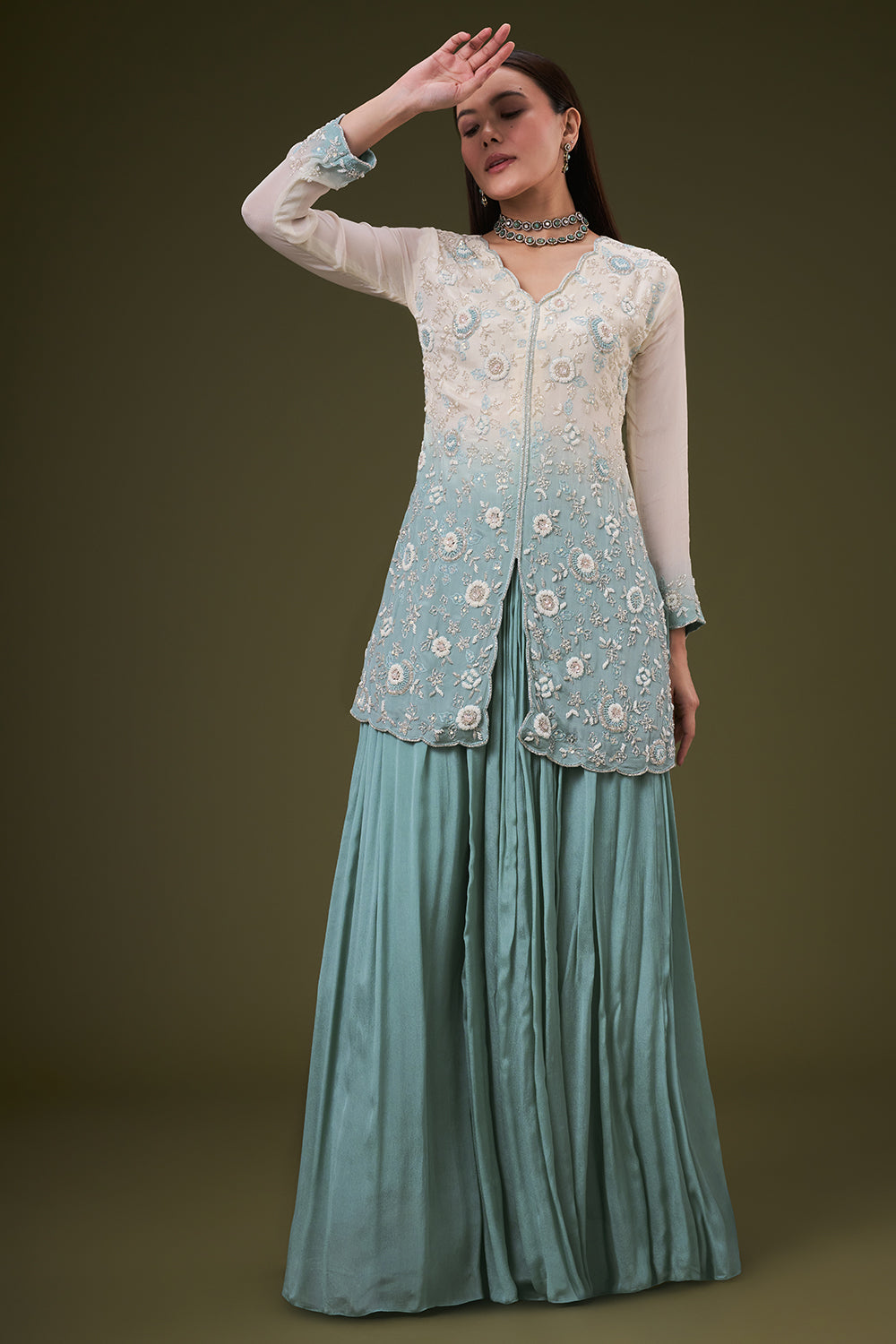 Ombre Blue Chinon Palazzo Suit with Resham and Pearl Work