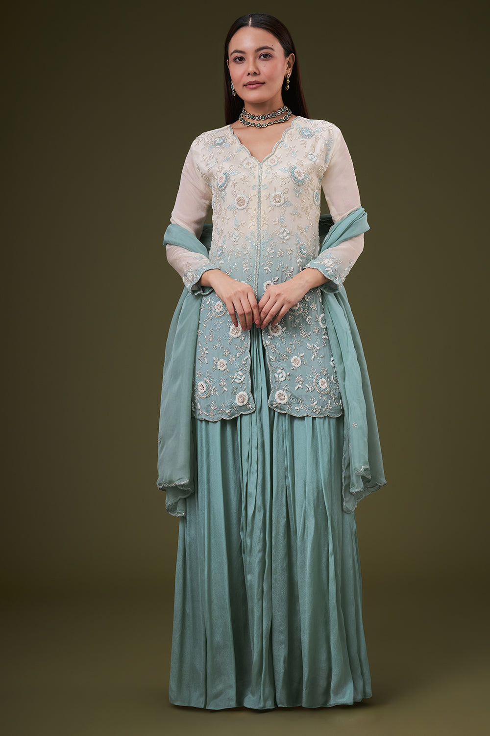 Ombre Blue Chinon Palazzo Suit with Resham and Pearl Work