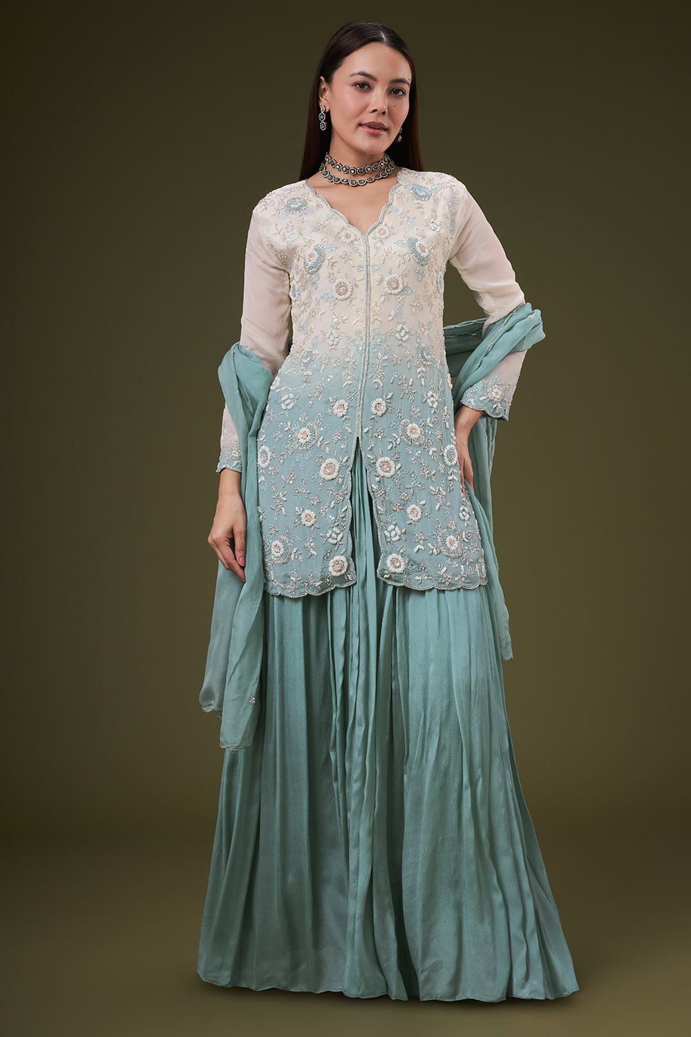 Ombre Blue Chinon Palazzo Suit with Resham and Pearl Work