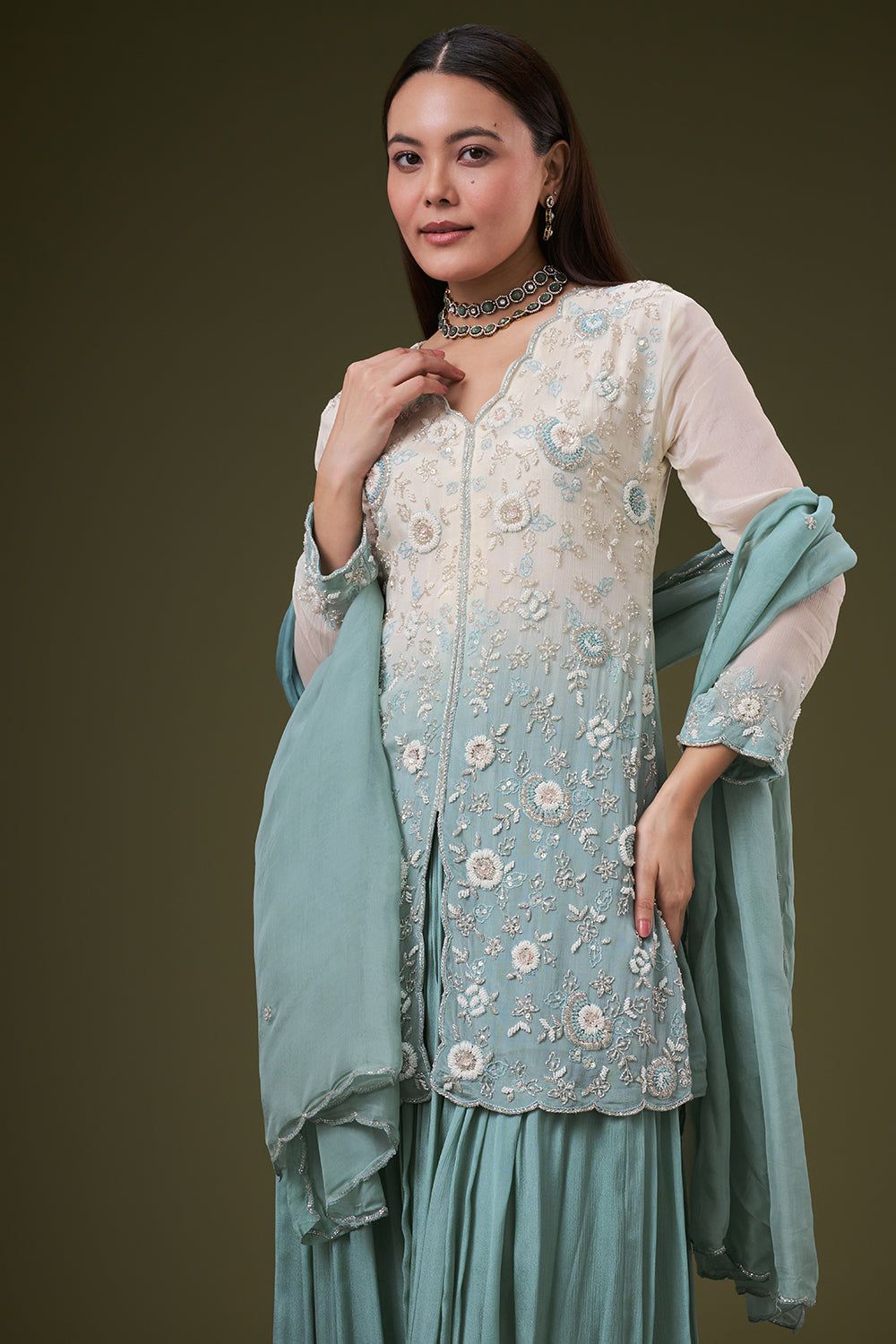 Ombre Blue Chinon Palazzo Suit with Resham and Pearl Work