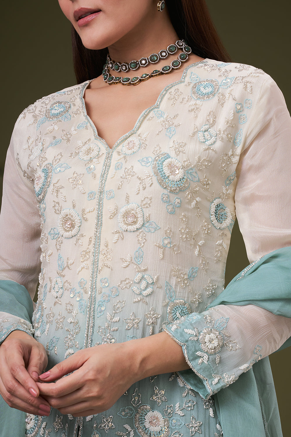 Ombre Blue Chinon Palazzo Suit with Resham and Pearl Work