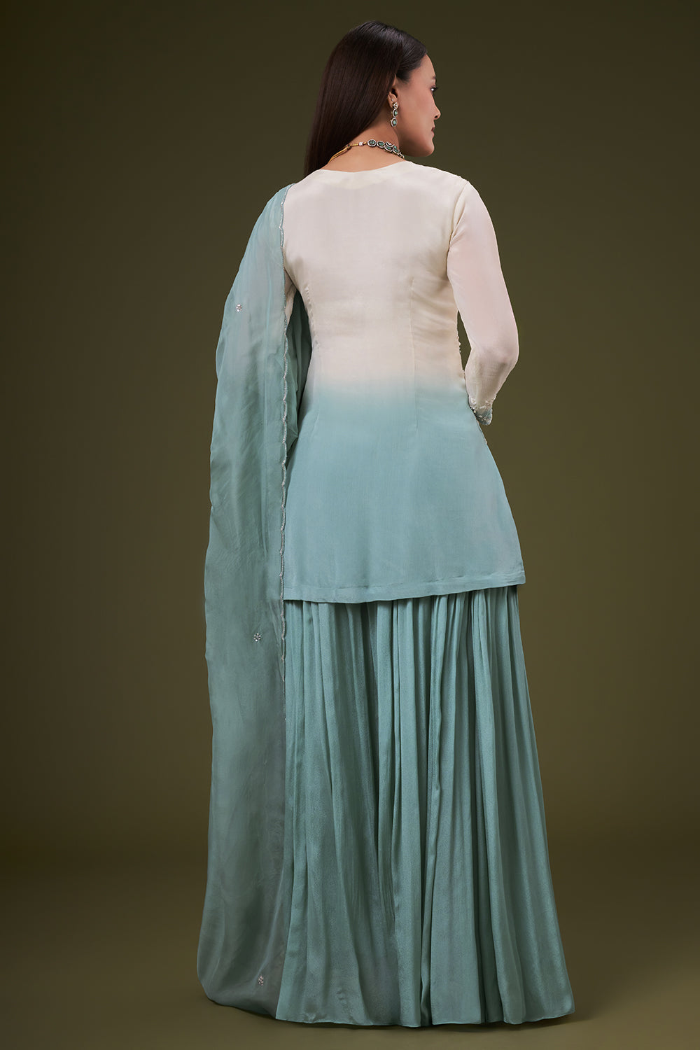 Ombre Blue Chinon Palazzo Suit with Resham and Pearl Work