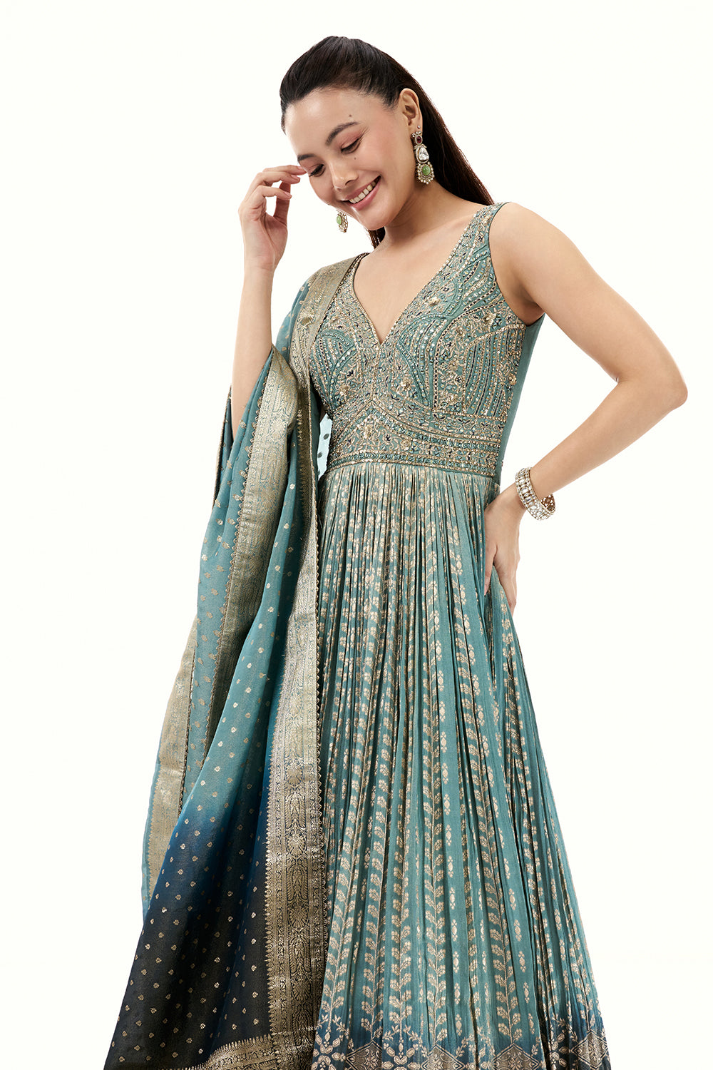 Ombre Brocade Anarkali Suit with Zari and Mirror Work