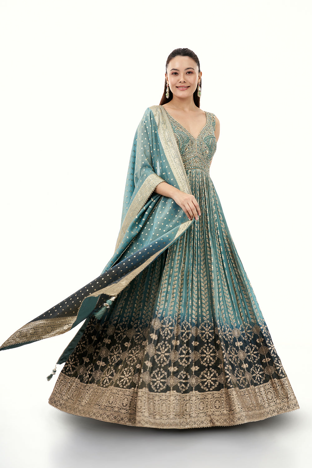 Ombre Brocade Anarkali Suit with Zari and Mirror Work
