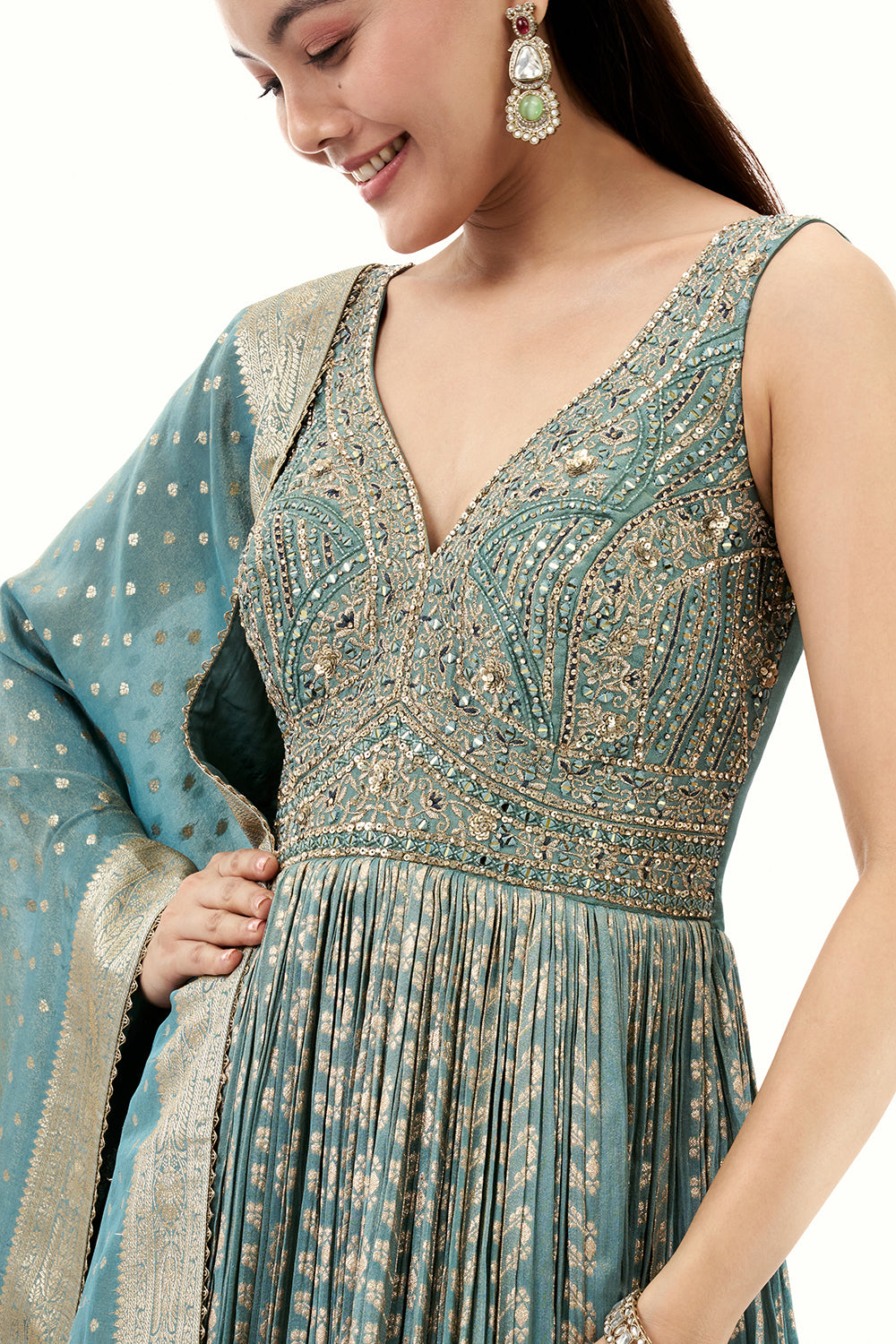 Ombre Brocade Anarkali Suit with Zari and Mirror Work