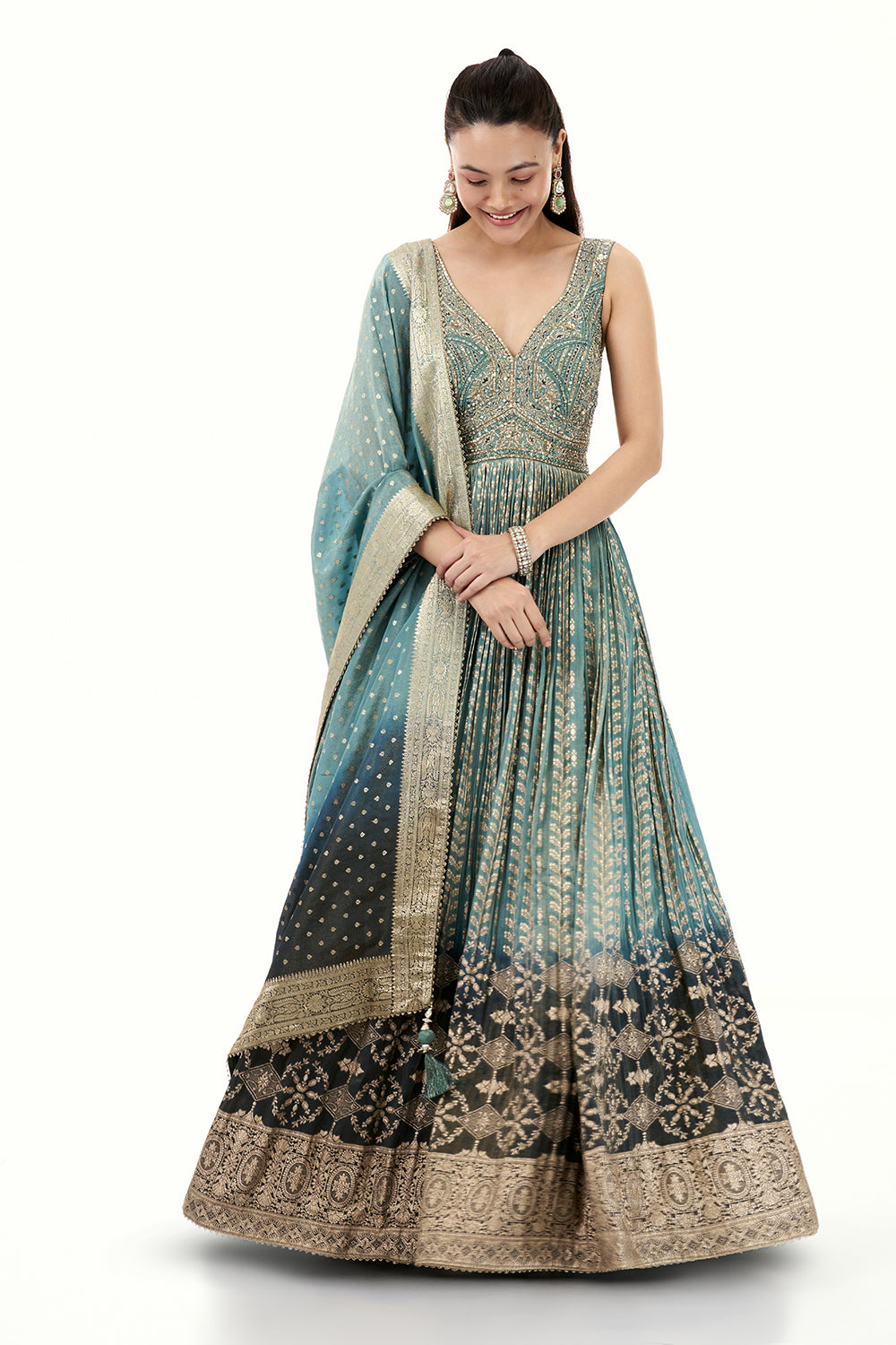 Ombre Brocade Anarkali Suit with Zari and Mirror Work