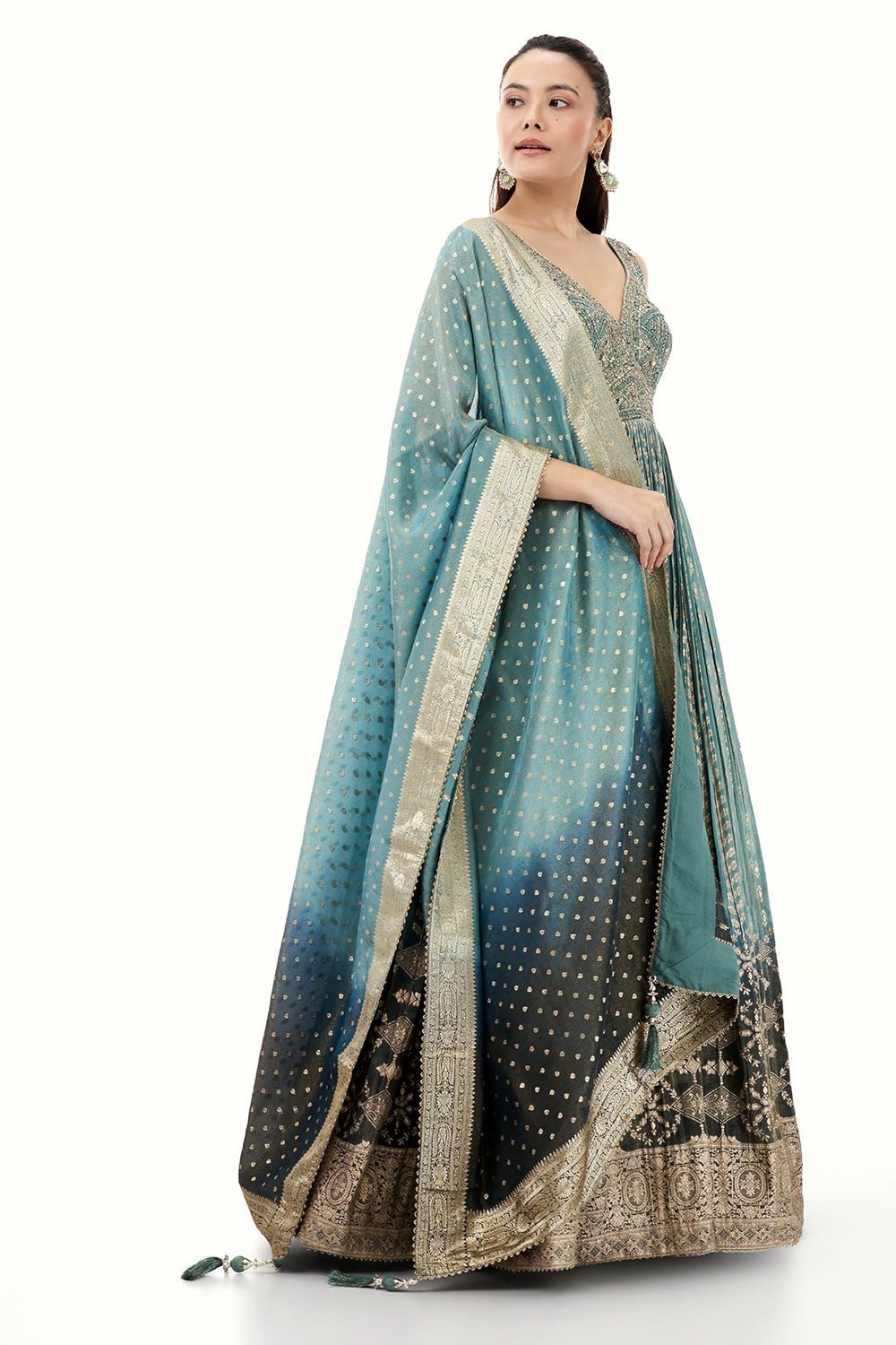 Ombre Brocade Anarkali Suit with Zari and Mirror Work