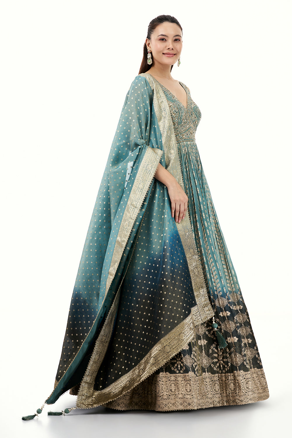 Ombre Brocade Anarkali Suit with Zari and Mirror Work