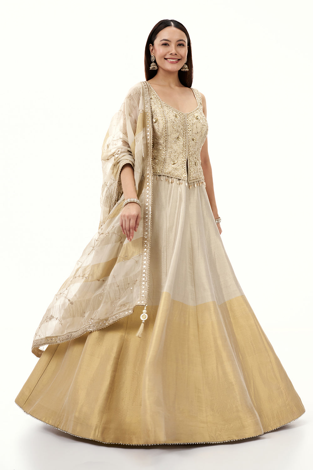 Ombre Cream and Golden Tissue Silk Lehenga with Mirror and Cutdana Work