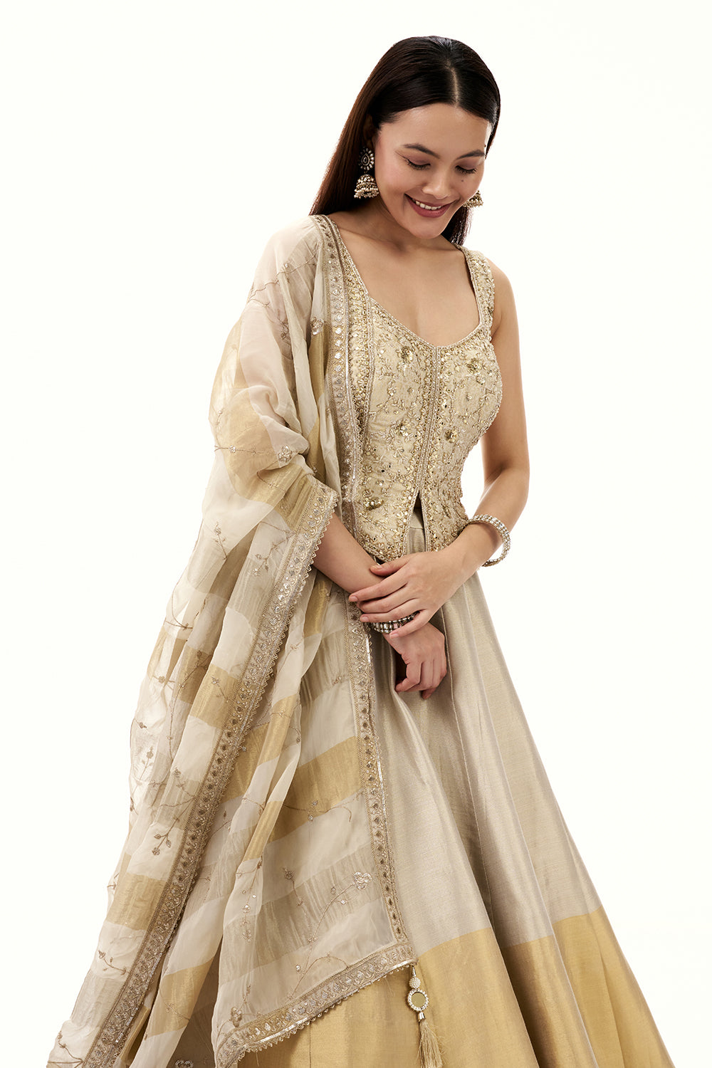 Ombre Cream and Golden Tissue Silk Lehenga with Mirror and Cutdana Work