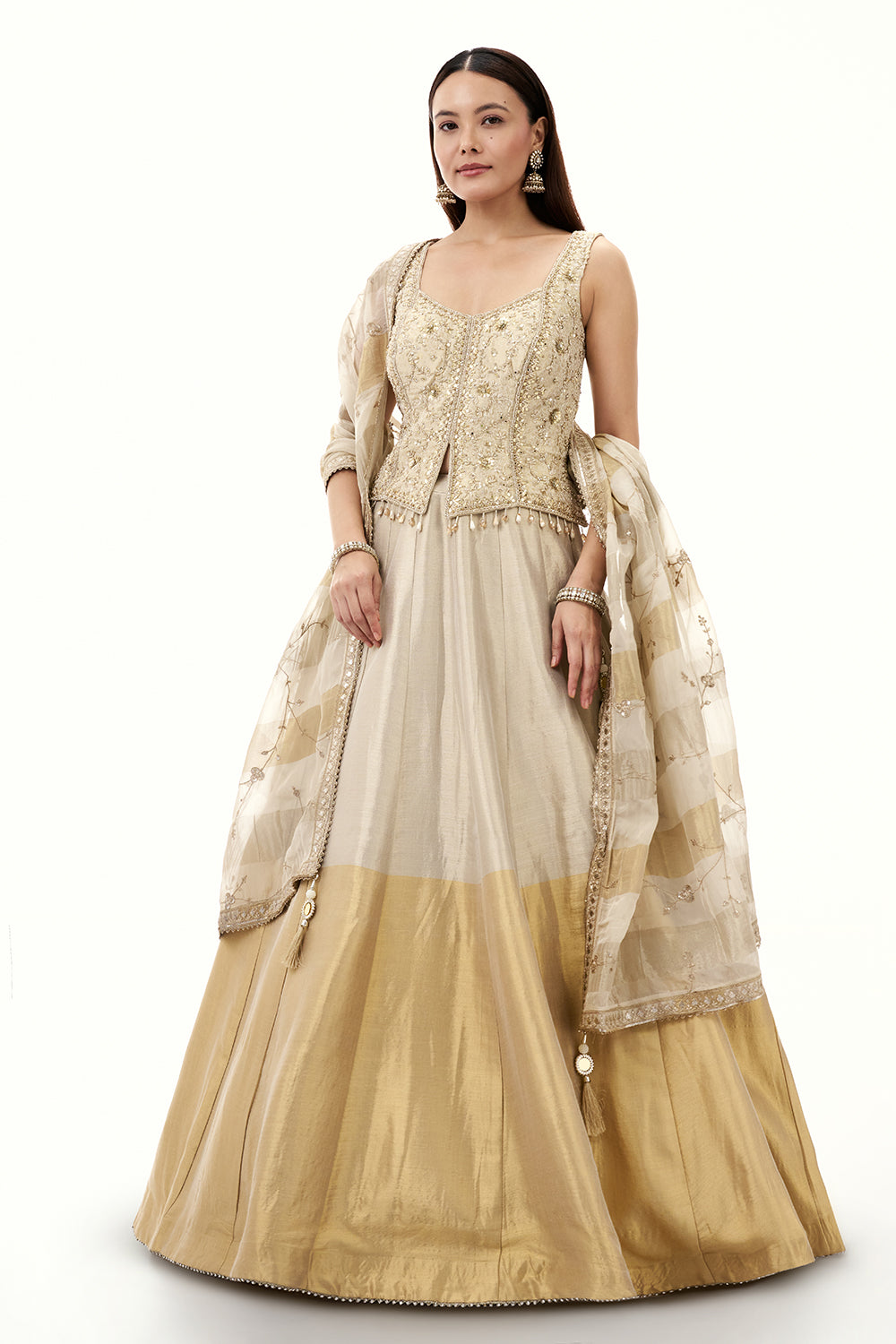 Ombre Cream and Golden Tissue Silk Lehenga with Mirror and Cutdana Work