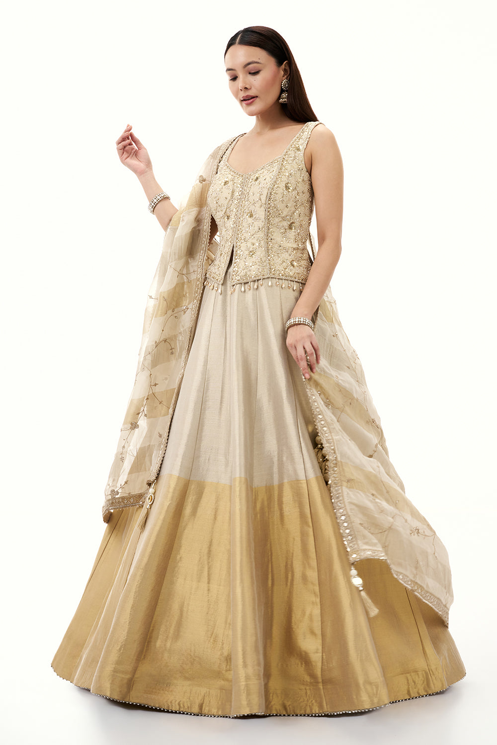 Ombre Cream and Golden Tissue Silk Lehenga with Mirror and Cutdana Work