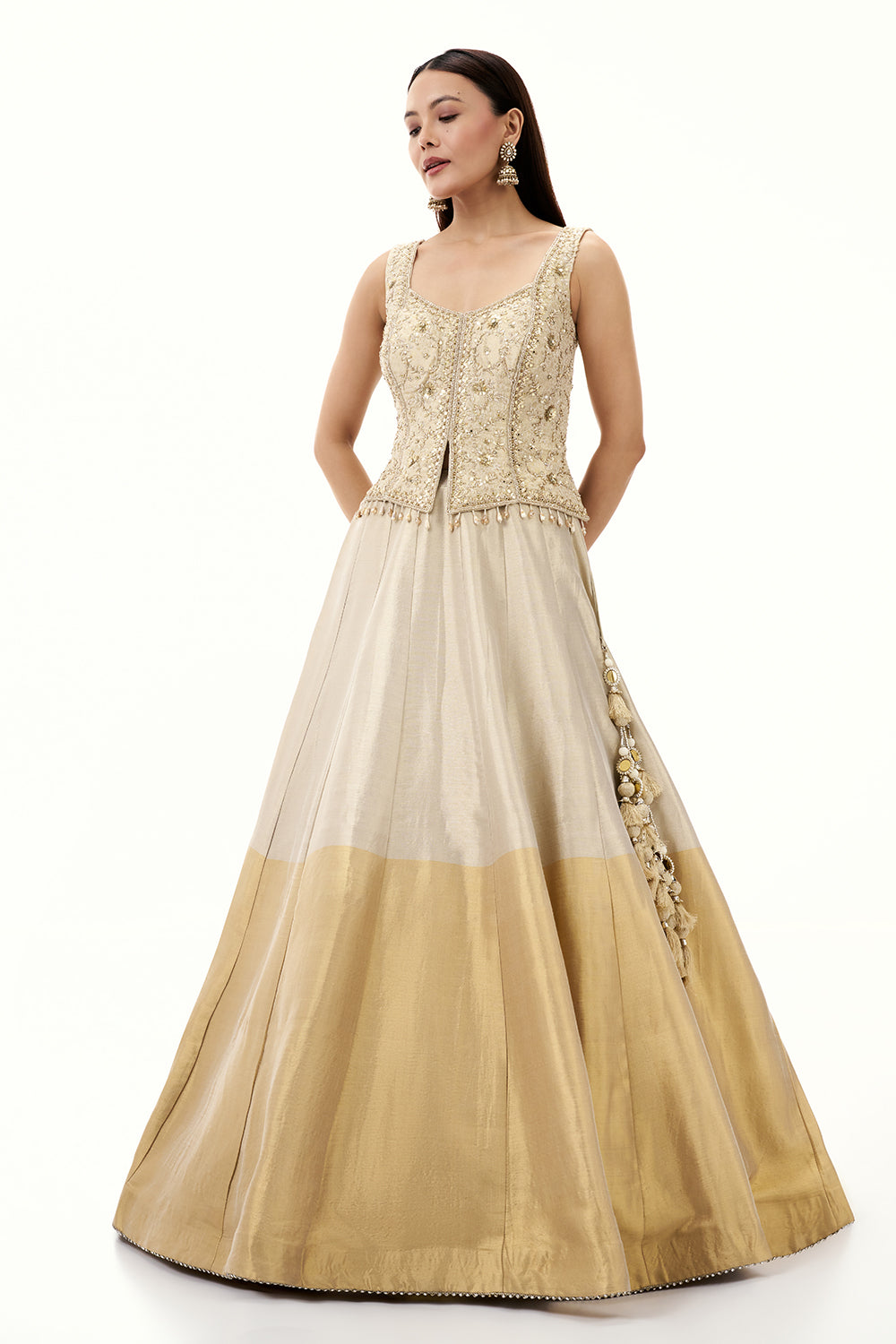 Ombre Cream and Golden Tissue Silk Lehenga with Mirror and Cutdana Work