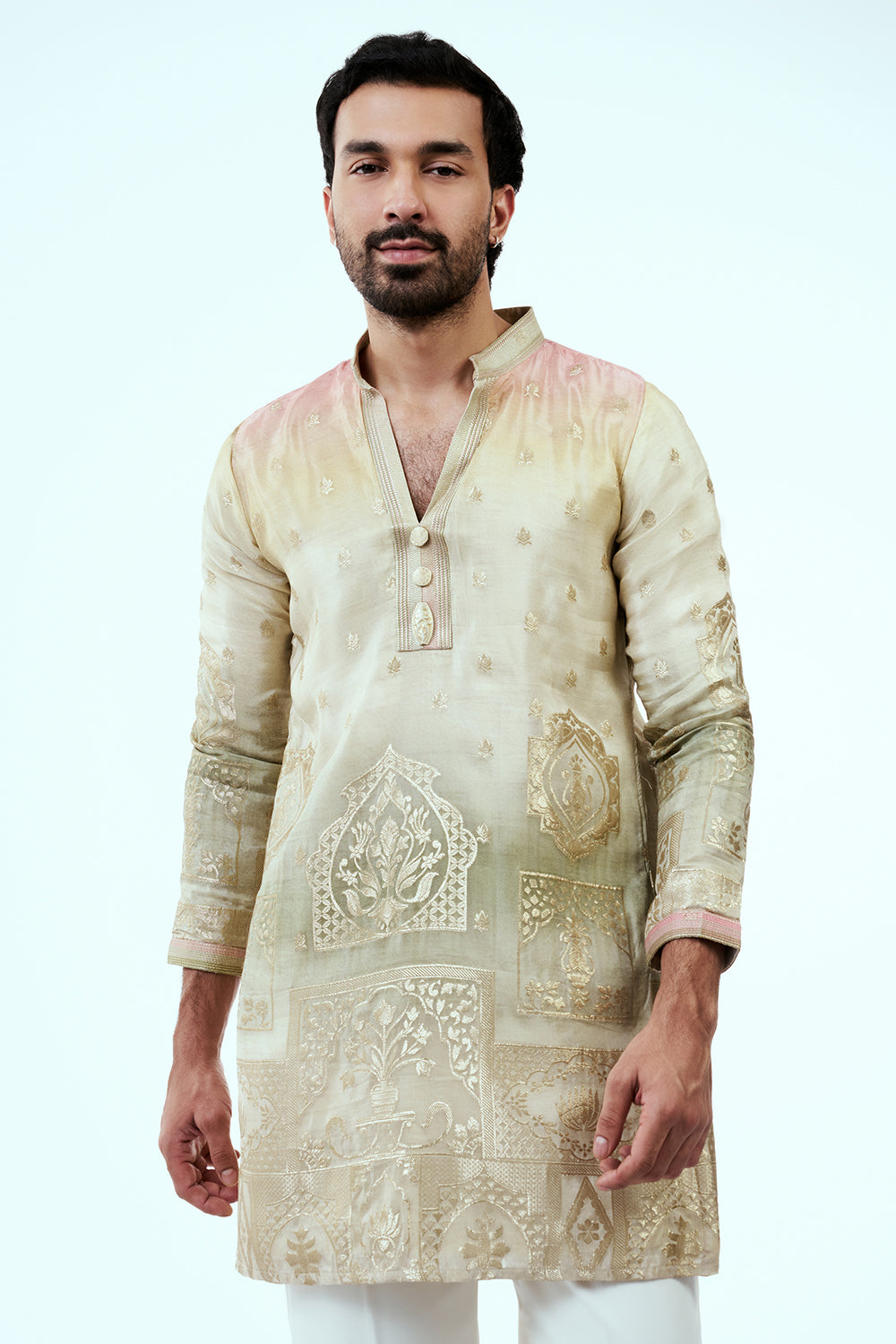 Ombre Cream Art Silk Mens Kurta Set with Traditional Print