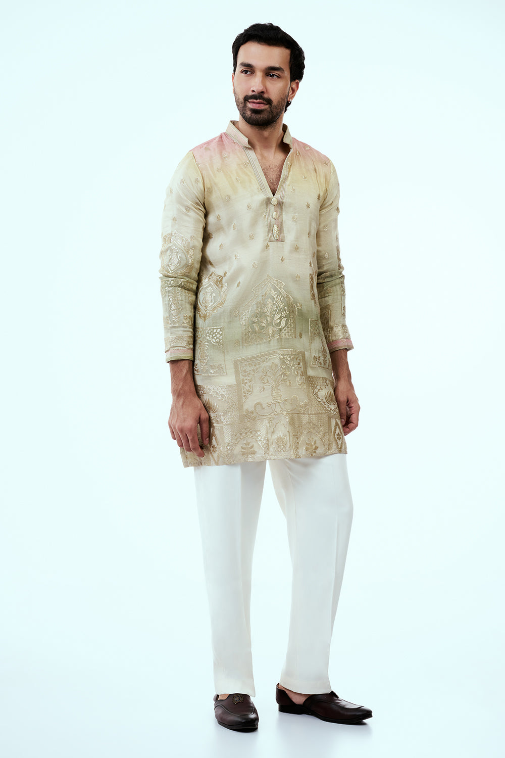 Ombre Cream Art Silk Mens Kurta Set with Traditional Print