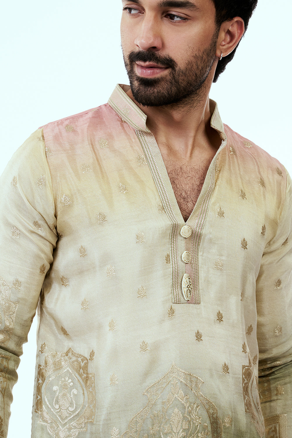Ombre Cream Art Silk Mens Kurta Set with Traditional Print
