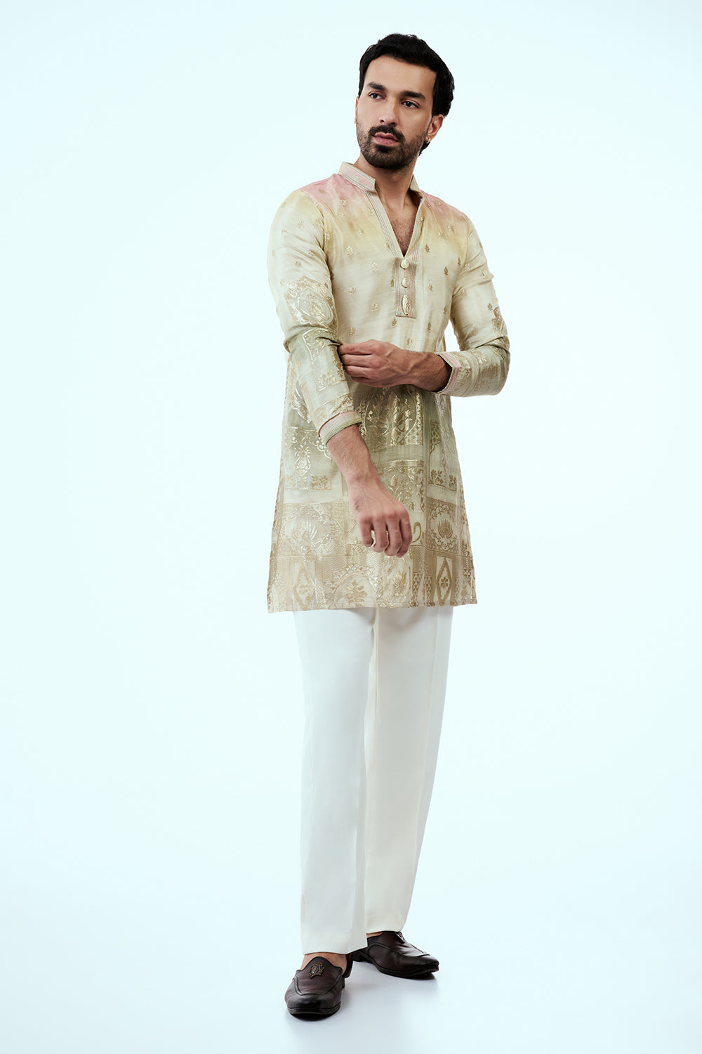 Ombre Cream Art Silk Mens Kurta Set with Traditional Print