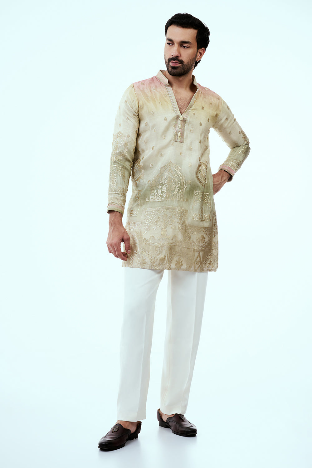 Ombre Cream Art Silk Mens Kurta Set with Traditional Print