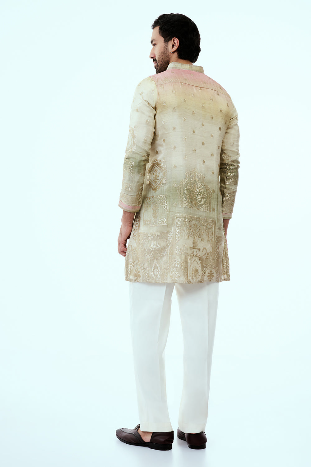 Ombre Cream Art Silk Mens Kurta Set with Traditional Print