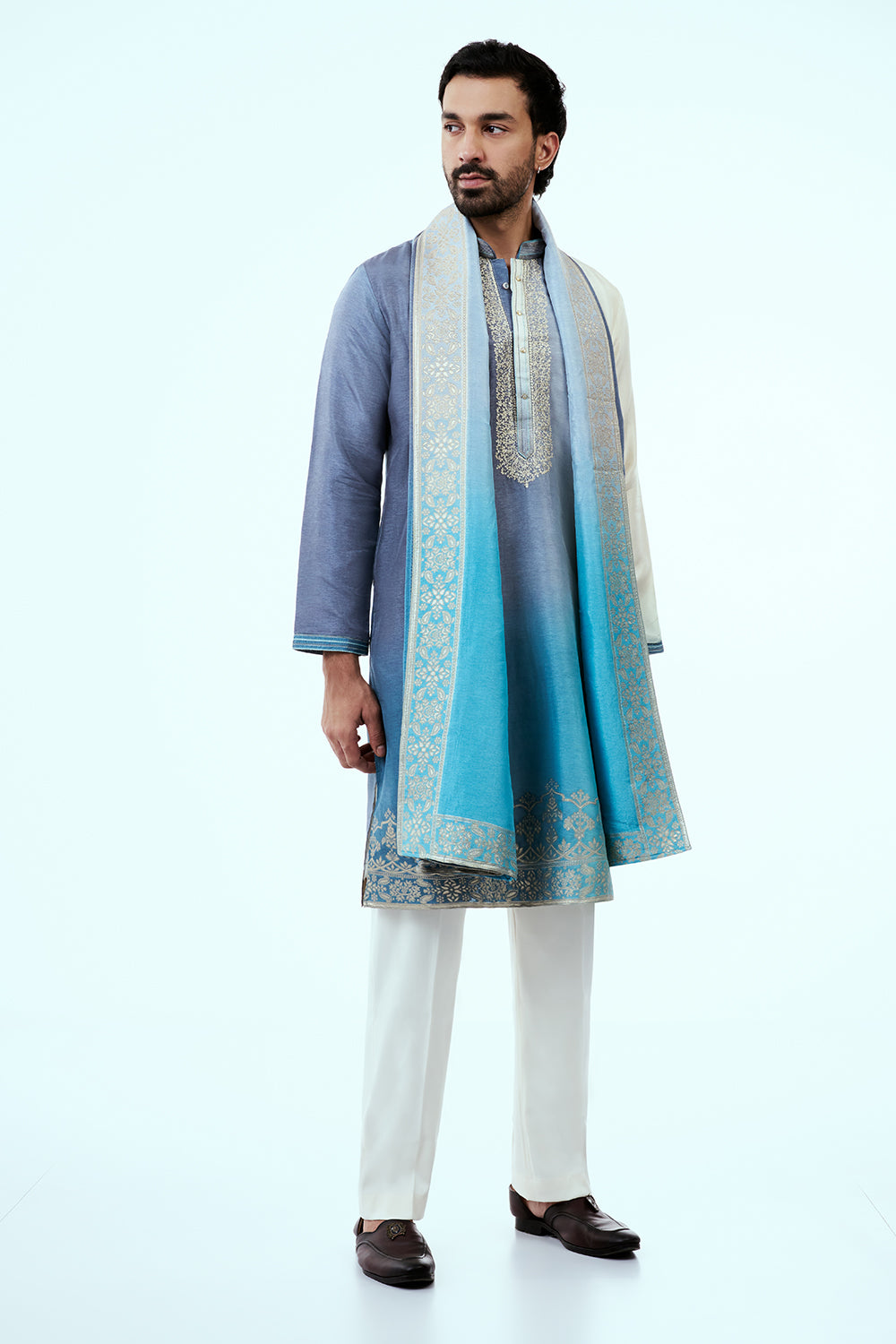 Ombre Firozi Dupion Silk Mens Kurta Set with Intricate Zari Embroidery