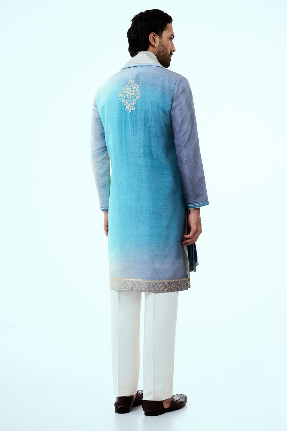 Ombre Firozi Dupion Silk Mens Kurta Set with Intricate Zari Embroidery
