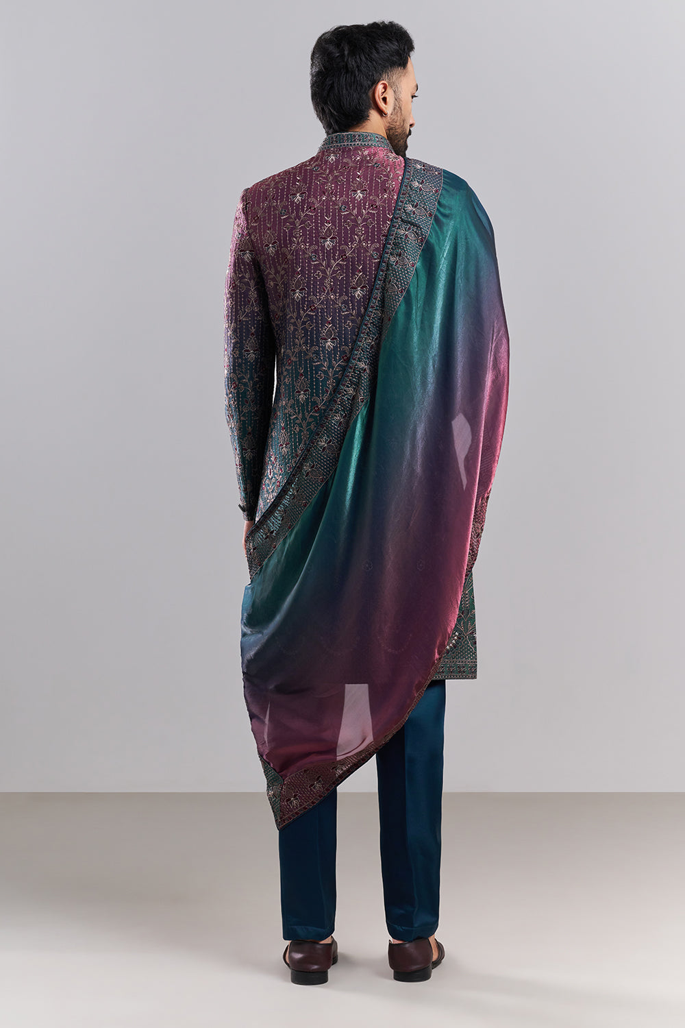 Ombré Green Tissue Silk Embroidered Sherwani