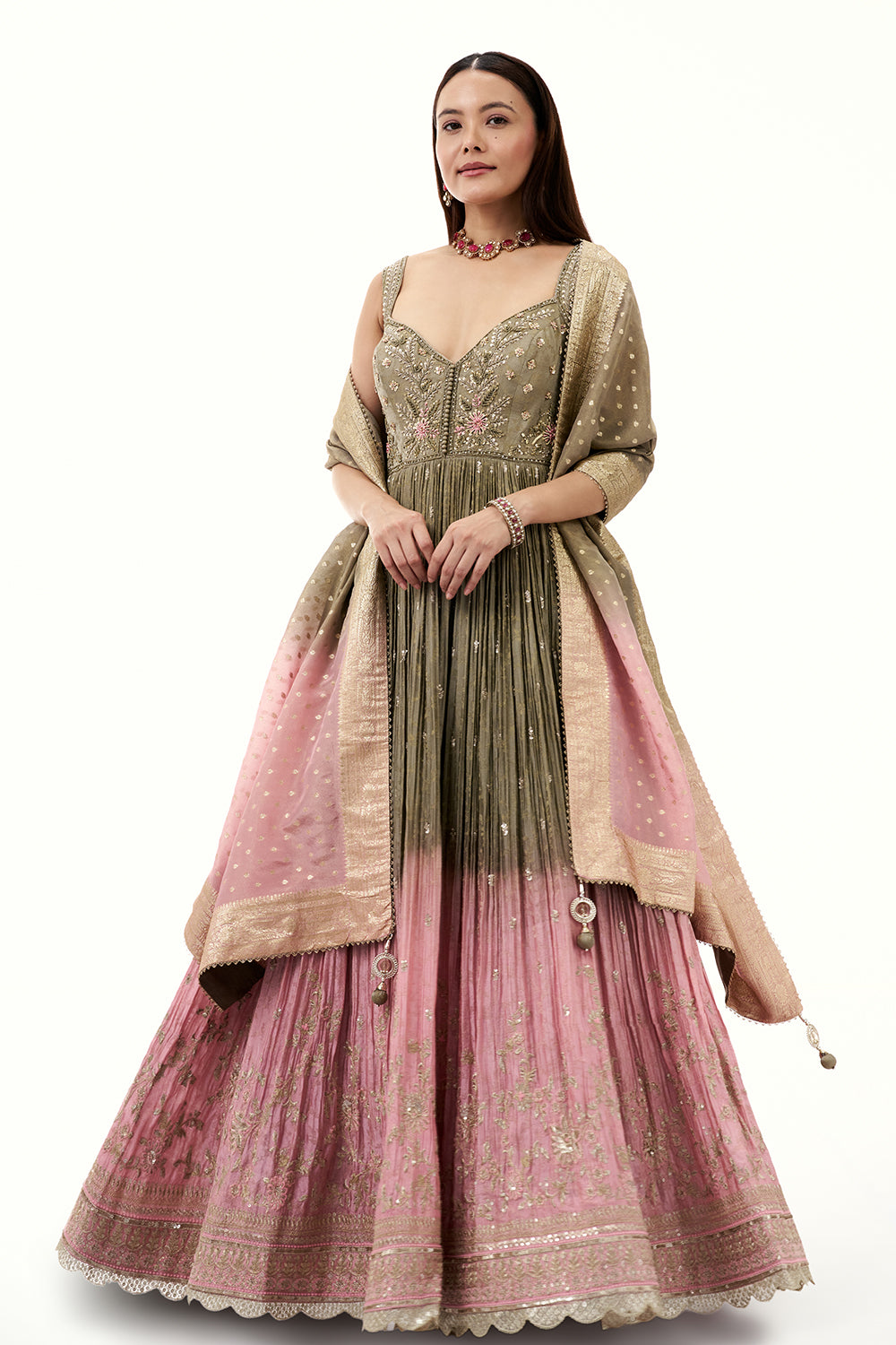 Ombre Grey and Pink Brocade Silk Anarkali Suit with Zari and Mirror Work