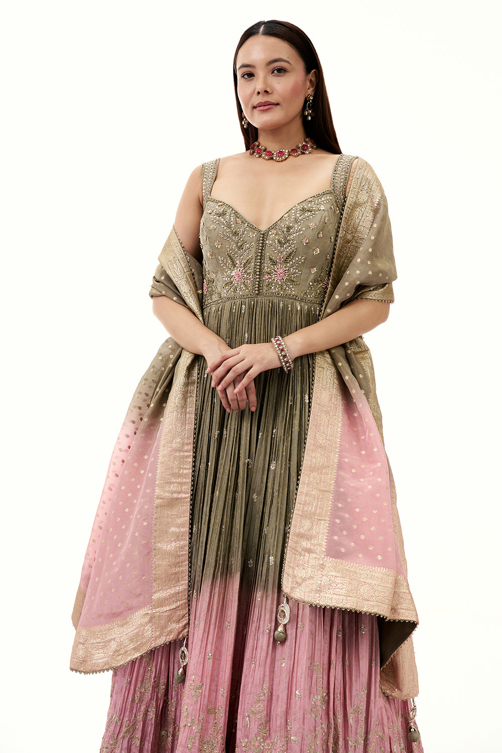 Ombre Grey and Pink Brocade Silk Anarkali Suit with Zari and Mirror Work