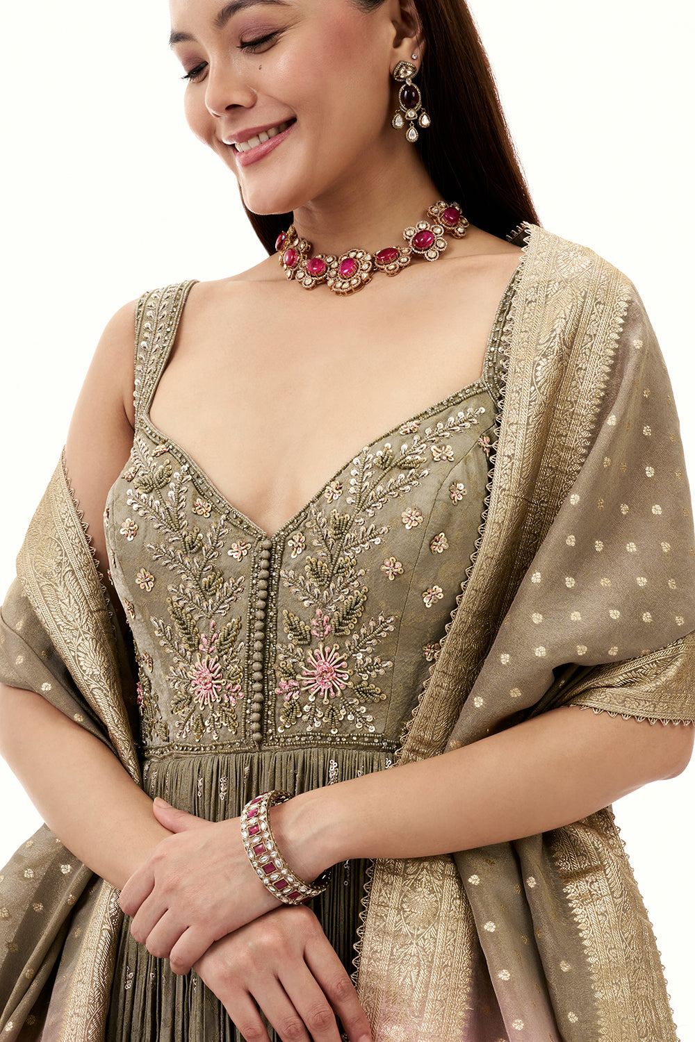 Ombre Grey and Pink Brocade Silk Anarkali Suit with Zari and Mirror Work